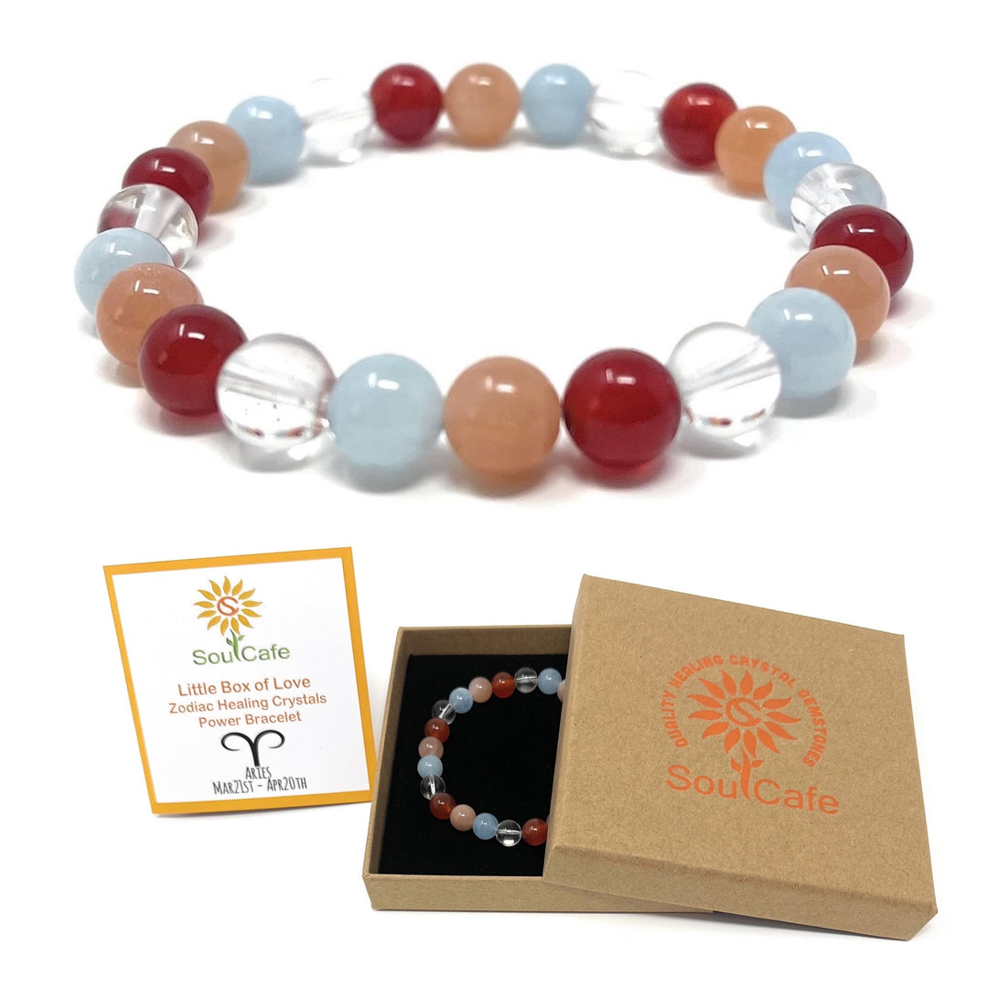 Aries Crystal Bracelet - Power Bracelet - Zodiac Birthstones - Gift Box & Aries Tag - Carnelian, Aquamarine, Sunstone, Clear Quartz