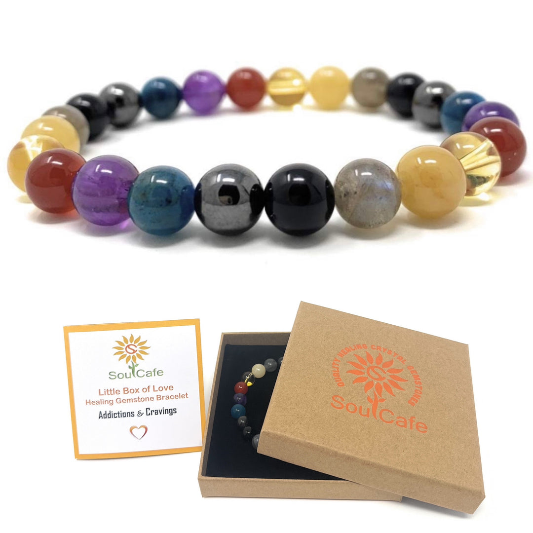 Addiction and Cravings Crystal Bead Bracelet - Gemstones Stretch Bracelet - Soul Cafe Gift Box & Tag
