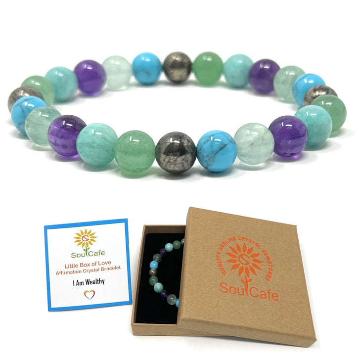 Soulcafe "I Am Wealthy" Affirmation Crystal Bracelet – Handmade Gemstone Bead Bracelet for Abundance, Prosperity & Positive Energy - Law of Attraction Crystals - SoulCafe Gift Box and Tag -  S/M/L/XL