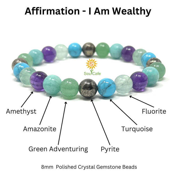 Soulcafe "I Am Wealthy" Affirmation Crystal Bracelet – Handmade Gemstone Bead Bracelet for Abundance, Prosperity & Positive Energy - Law of Attraction Crystals - SoulCafe Gift Box and Tag -  S/M/L/XL