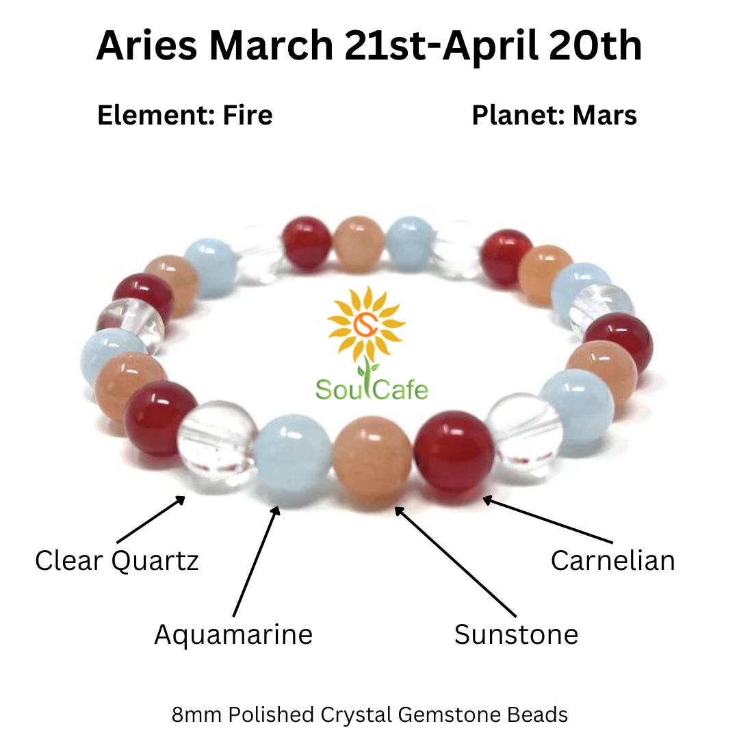 Aries Crystal Bracelet - Power Bracelet - Zodiac Birthstones - Gift Box & Aries Tag - Carnelian, Aquamarine, Sunstone, Clear Quartz