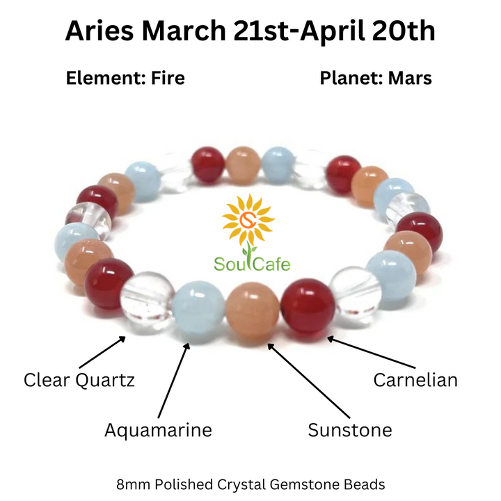 Aries Crystal Bracelet - Power Bracelet - Zodiac Birthstones - Gift Box & Aries Tag - Carnelian, Aquamarine, Sunstone, Clear Quartz