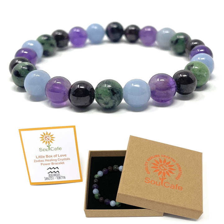 Aquarius Crystal Bracelet - Power Bracelet - Zodiac Birthstones - Gift Box & Aquarius Tag - Garnet, Angelite, Amethyst, Ruby in Zoisite