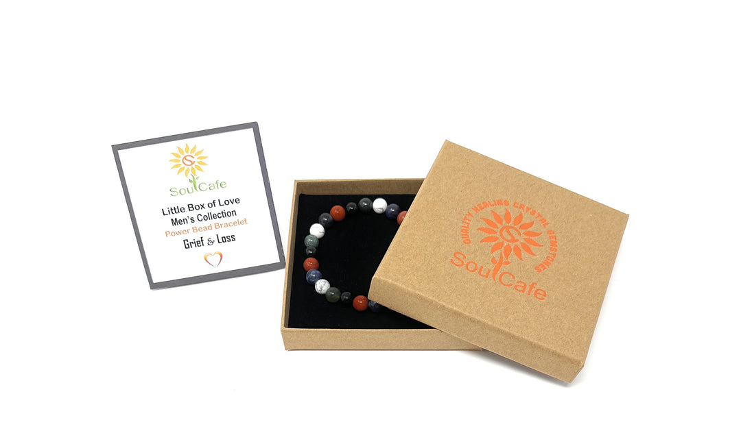 Men's Grief and Loss Crystal Gemstone Stretch Bead Bracelet - SoulCafe Gift Box & Tag