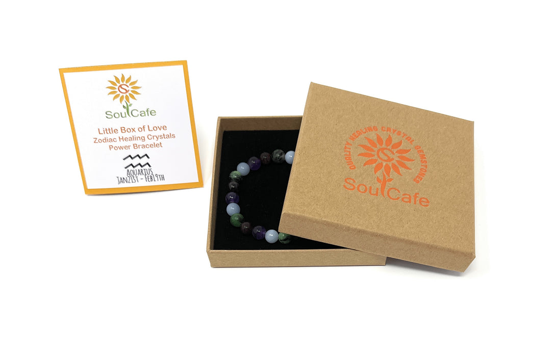 Aquarius Crystal Bracelet - Power Bracelet - Zodiac Birthstones - Gift Box & Aquarius Tag - Garnet, Angelite, Amethyst, Ruby in Zoisite