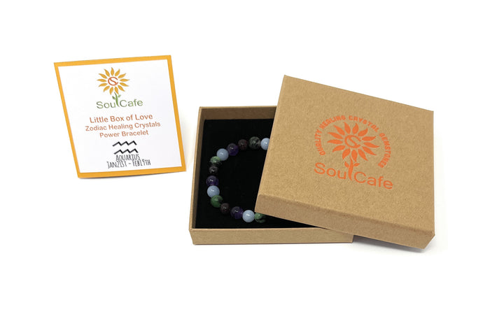 Aquarius Crystal Bracelet - Power Bracelet - Zodiac Birthstones - Gift Box & Aquarius Tag - Garnet, Angelite, Amethyst, Ruby in Zoisite