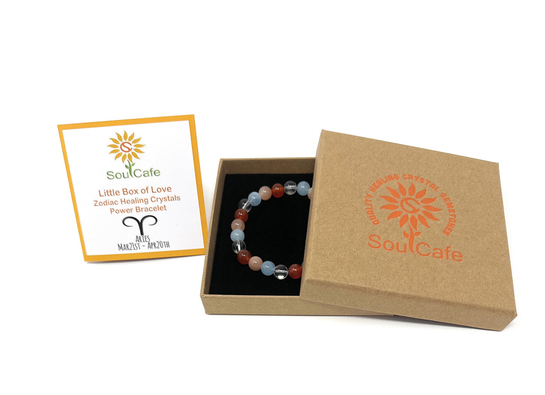 Aries Crystal Bracelet - Power Bracelet - Zodiac Birthstones - Gift Box & Aries Tag - Carnelian, Aquamarine, Sunstone, Clear Quartz