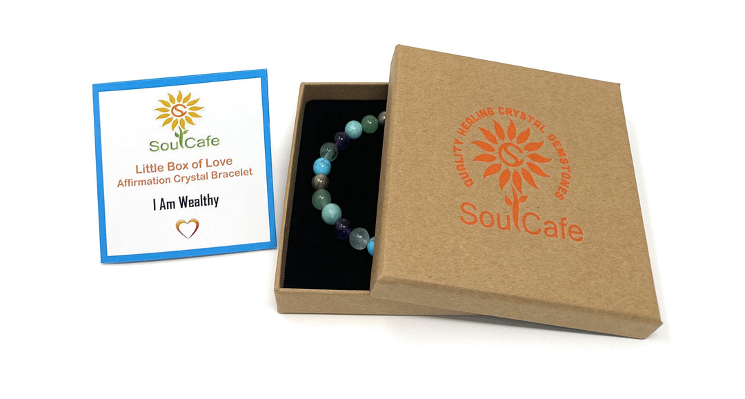 Soulcafe "I Am Wealthy" Affirmation Crystal Bracelet – Handmade Gemstone Bead Bracelet for Abundance, Prosperity & Positive Energy - Law of Attraction Crystals - SoulCafe Gift Box and Tag -  S/M/L/XL