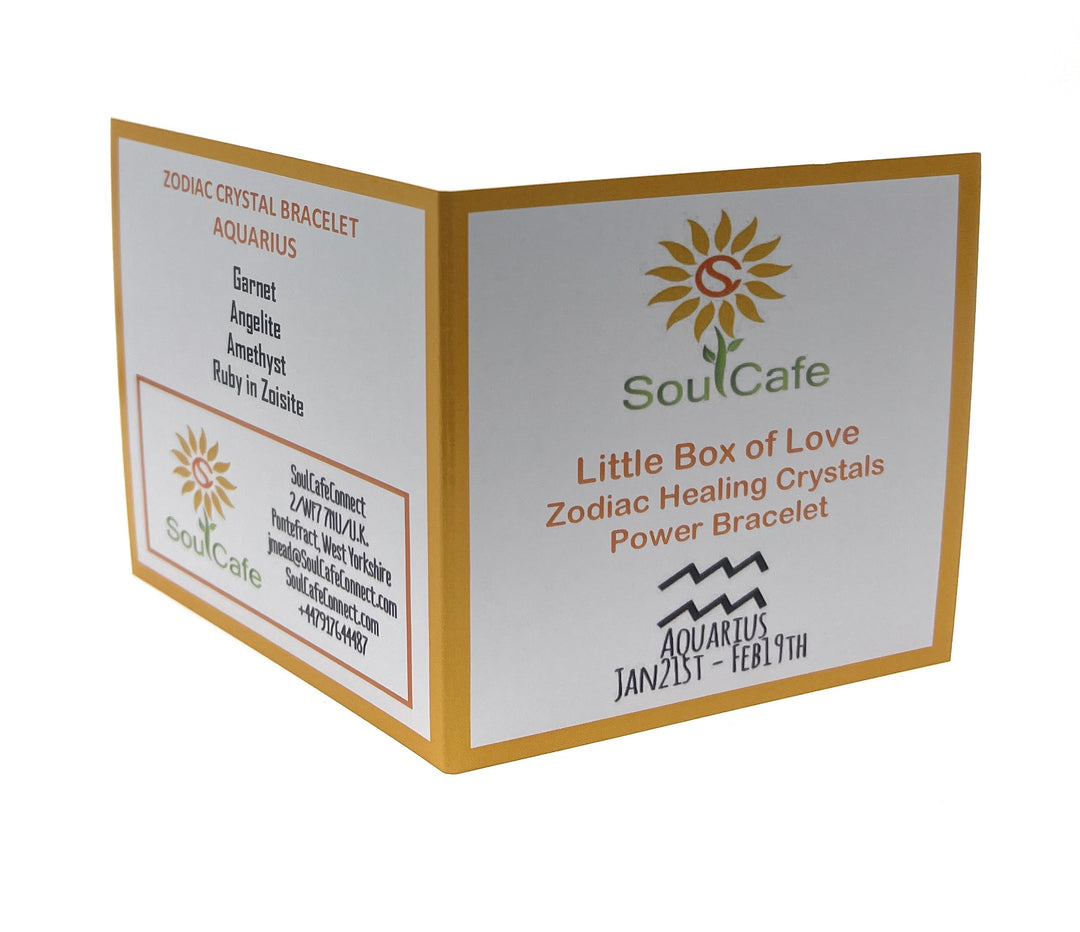 Aquarius Crystal Bracelet - Power Bracelet - Zodiac Birthstones - Gift Box & Aquarius Tag - Garnet, Angelite, Amethyst, Ruby in Zoisite