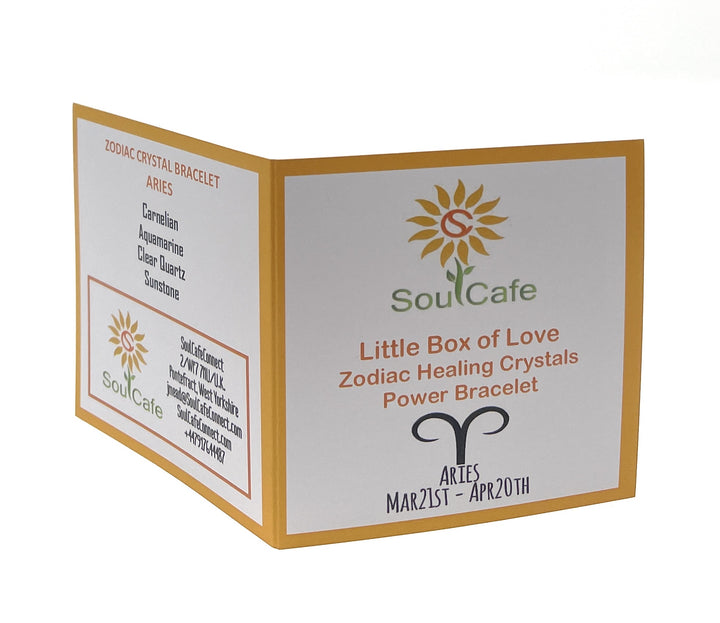 Aries Crystal Bracelet - Power Bracelet - Zodiac Birthstones - Gift Box & Aries Tag - Carnelian, Aquamarine, Sunstone, Clear Quartz