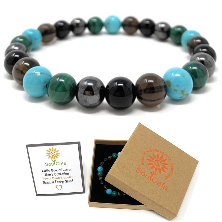 Men's Negative Energy Shield Crystal Gemstone Bead Bracelet - Soul Cafe Gift Box & Tag