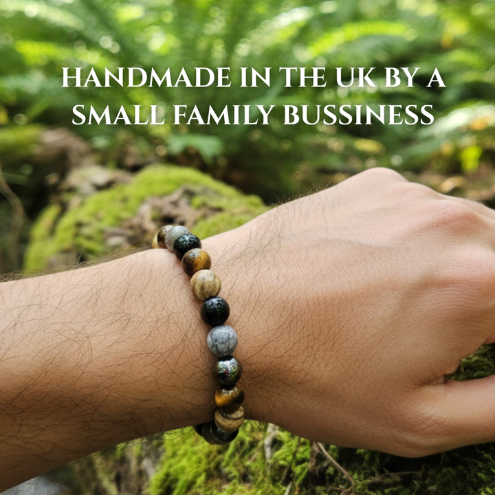 Men's Crystal Gemstone Bead Bracelet - Grey Crazy Lace Agate, Tigers Eye, Picture Jasper, Hematite, Black Tourmaline - Gift Box & Tag - XS/S/M/L/XL