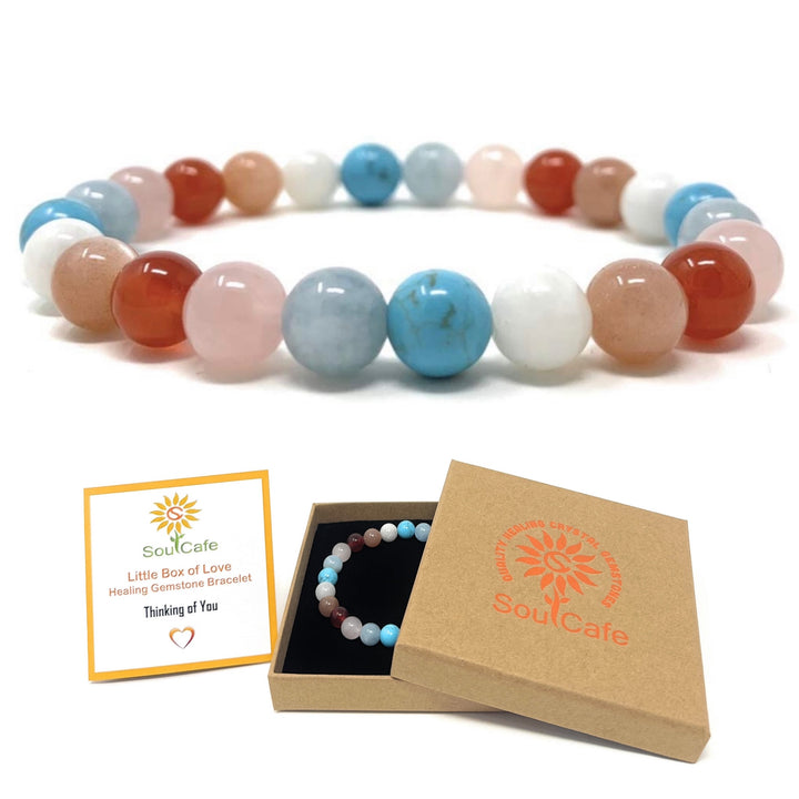 Thinking of You Bracelet - Missing You Gift - Crystal Gemstone Stretch Bead Bracelet - Soul Cafe Gift Box & Tag