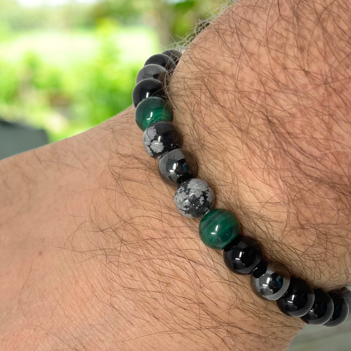 Men's Crystal Power Bead Bracelet - Black Tourmaline, Malachite, Amazonite, Hematite, Snowflake Obsidian- Soul Cafe Gift Box & Tag