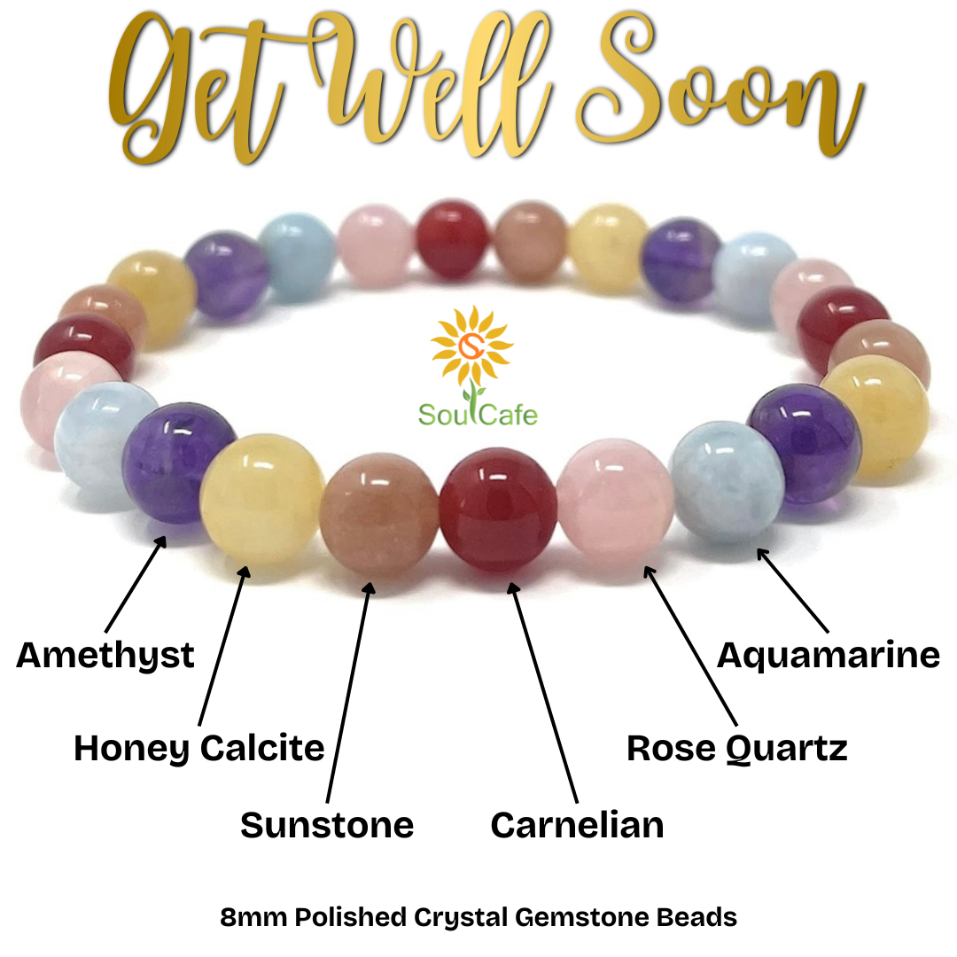 Get Well Soon Crystal Gemstone Stretch Bead Bracelet - Soul Cafe Gift Box & Crystal Propertied Card - Get Well Soon Gift