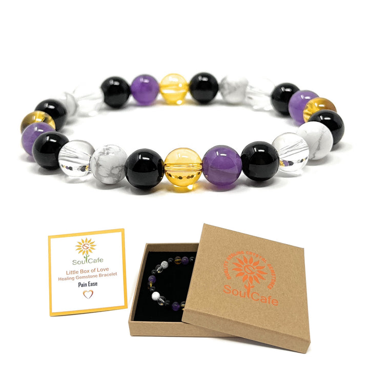 Crystal Gemstone Holistic Pain Support Stretch Bead Bracelet  - Soul Cafe Gift Box and Information Tag - Wellbeiing Crystals