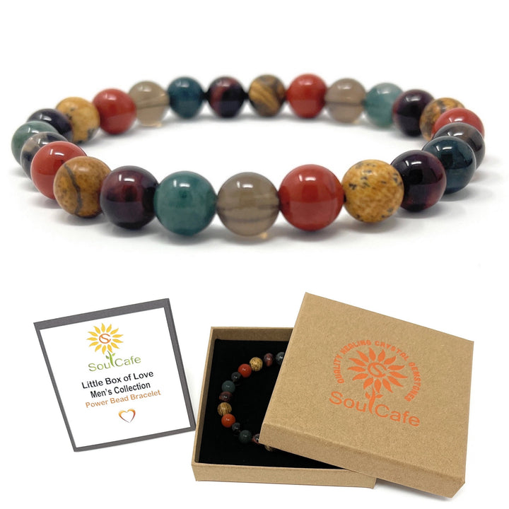 Men's Crystal Bead Stretch Bracelet -Protection, Positivity, Confidence & Success - Moss Agate, Picture Jasper, Smoky Quartz, Red Jasper, Red Tigers Eye - Soul Cafe Gift Box & Tag