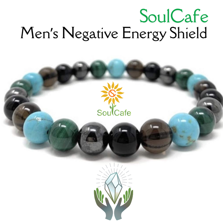 Men's Negative Energy Shield Crystal Gemstone Bead Bracelet - Soul Cafe Gift Box & Tag
