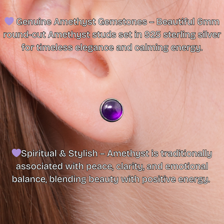 SoulCafe 6mm Amethyst Stud Earrings – 925 Sterling Silver – Spiritual & Stylish Jewellery – Gift Boxed – Calming Crystal Energy – Ideal for Gifting & Everyday Wear