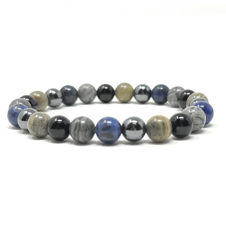 Men's Crystal Gemstone Bead Bracelet - Sodalite, Grey Crazy Lace Agate, Silver Leaf Jasper, Hematite, Tourmaline - Gift Box & Tag - XS/S/M/L/XL