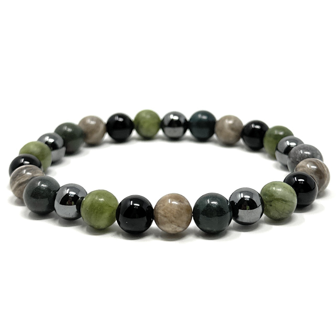 Men's Crystal Gemstone Bead Bracelet - Bloodstone, Jade, Ocean Jasper, Hematite, Black Tourmaline - Gift Box & Tag - XS/S/M/L/XL