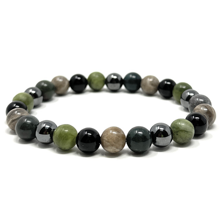 Men's Crystal Gemstone Bead Bracelet - Bloodstone, Jade, Ocean Jasper, Hematite, Black Tourmaline - Gift Box & Tag - XS/S/M/L/XL