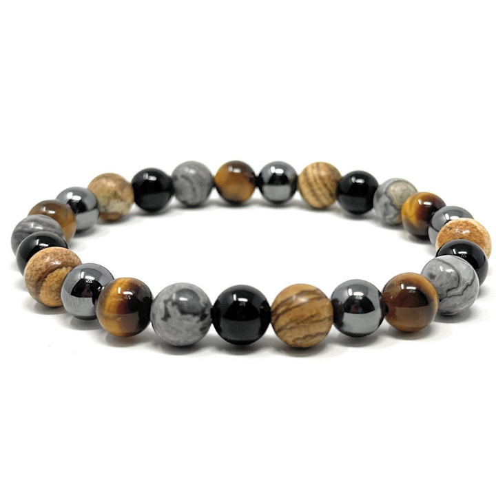 Men's Crystal Gemstone Bead Bracelet - Grey Crazy Lace Agate, Tigers Eye, Picture Jasper, Hematite, Black Tourmaline - Gift Box & Tag - XS/S/M/L/XL
