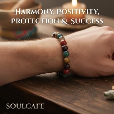 SoulCfe Men's Crystal Bead Stretch Bracelet -Protection, Positivity, Confidence & Success - Moss Agate, Picture Jasper, Smoky Quartz, Red Jasper, Red Tigers Eye