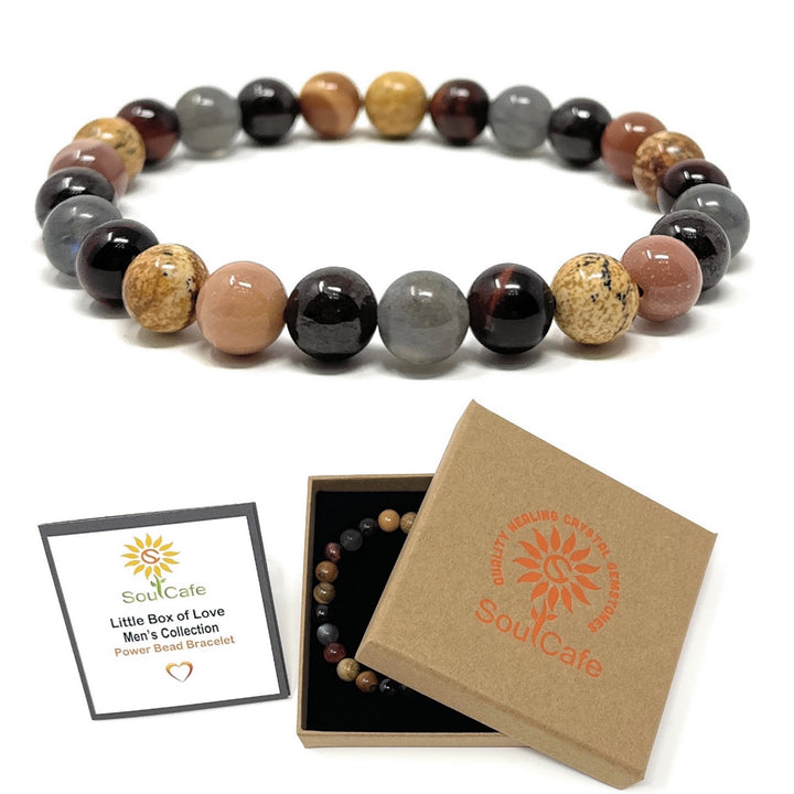 Men's Stretch Power Bead Bracelet - Red Tigers Eye, Moonstone, Garnet, Picture Jasper, Mookaite Gift Box & Tag