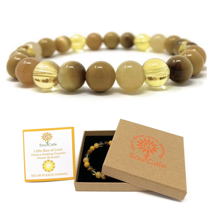Soulcafe Solar Plexus Chakra Crystal Bead Bracelet with Gemstones for Spiritual Connection, Wellness, Reiki, Meditation & Affirmation's Gift Box & Crystal Meaning Information Tag