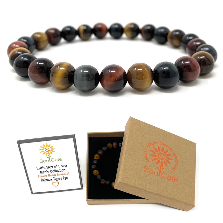 Men's Rainbow Tigers Eye Crystal Gemstone Power Bead Stretch Bracelet - Soul Cafe Gift Box & Crystal Meaning Card
