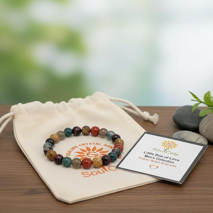 SoulCfe Men's Crystal Bead Stretch Bracelet -Protection, Positivity, Confidence & Success - Moss Agate, Picture Jasper, Smoky Quartz, Red Jasper, Red Tigers Eye
