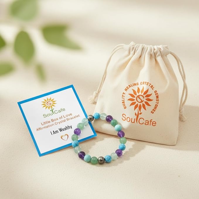 Soulcafe I Am Wealthy Affirmation Crystal Bracelet – Handmade Gemstone Bead Bracelet for Abundance, Prosperity & Positive Energy - Law of Attraction Crystals - SoulCafe Gift Box and Tag -  S/M/L/XL