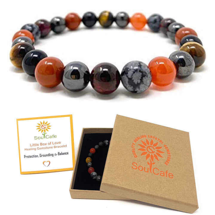 Protection & Grounding Bracelet - Stretch Crystal Gemstone Bracelet - Soul Cafe Gift Box & Information Tag - Grounding Bracelet