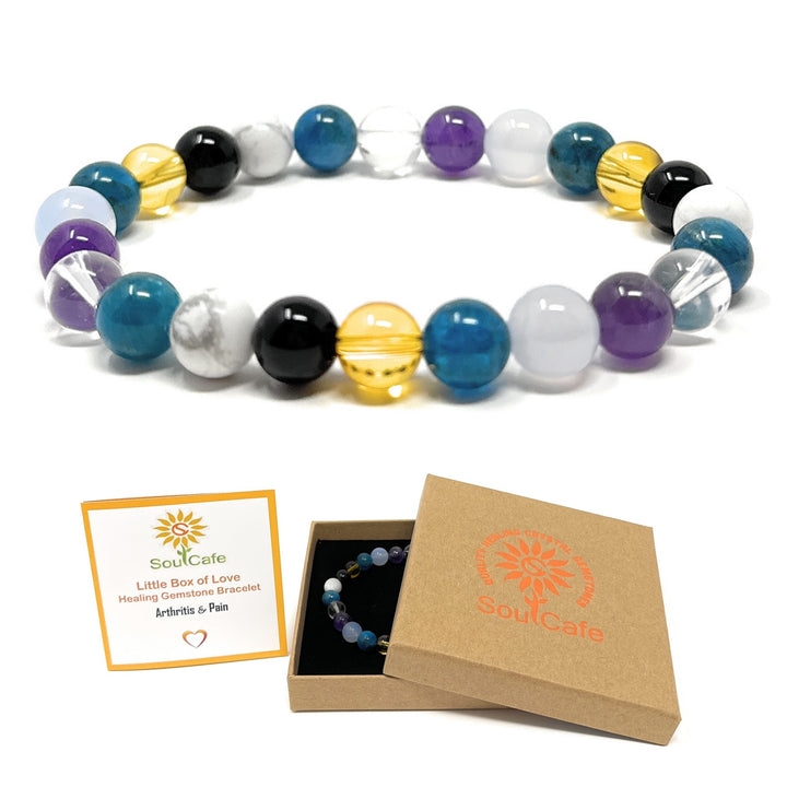 Arthritis and Pain Crystal Gemstone Stretch Bead Bracelet - Soul Cafe Gift Box & Tag, Holistic Crystal Healing