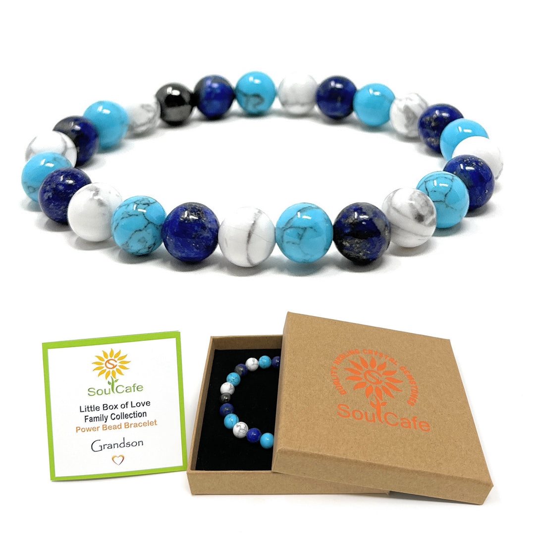 Gift for Grandson - Stretch Bead Crystal Gemstone Bracelet - Soul Cafe Gift Box & Tag