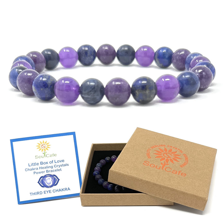 Soulcafe Third Eye Chakra Crystal Bead Bracelet with Gemstones for Spiritual Connection, Wellness, Reiki, Meditation & Affirmation's Gift Box & Crystal Meaning Information Tag