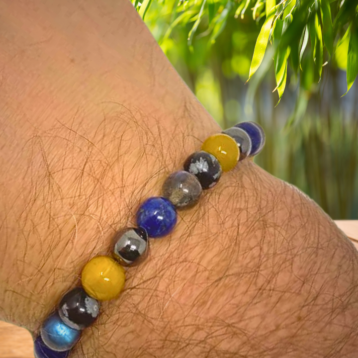 Men's Power Bead Bracelet - Labradorite, Lapis Lazuli, Yellow Jasper, Snowflake Obsidian, Hematite - Soul Cafe Gift Box & Tag