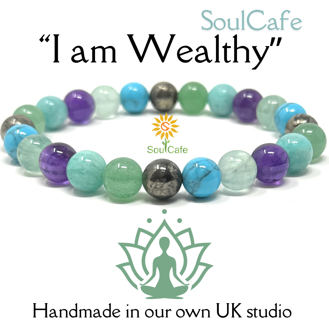 Soulcafe "I Am Wealthy" Affirmation Crystal Bracelet – Handmade Gemstone Bead Bracelet for Abundance, Prosperity & Positive Energy - Law of Attraction Crystals - SoulCafe Gift Box and Tag -  S/M/L/XL