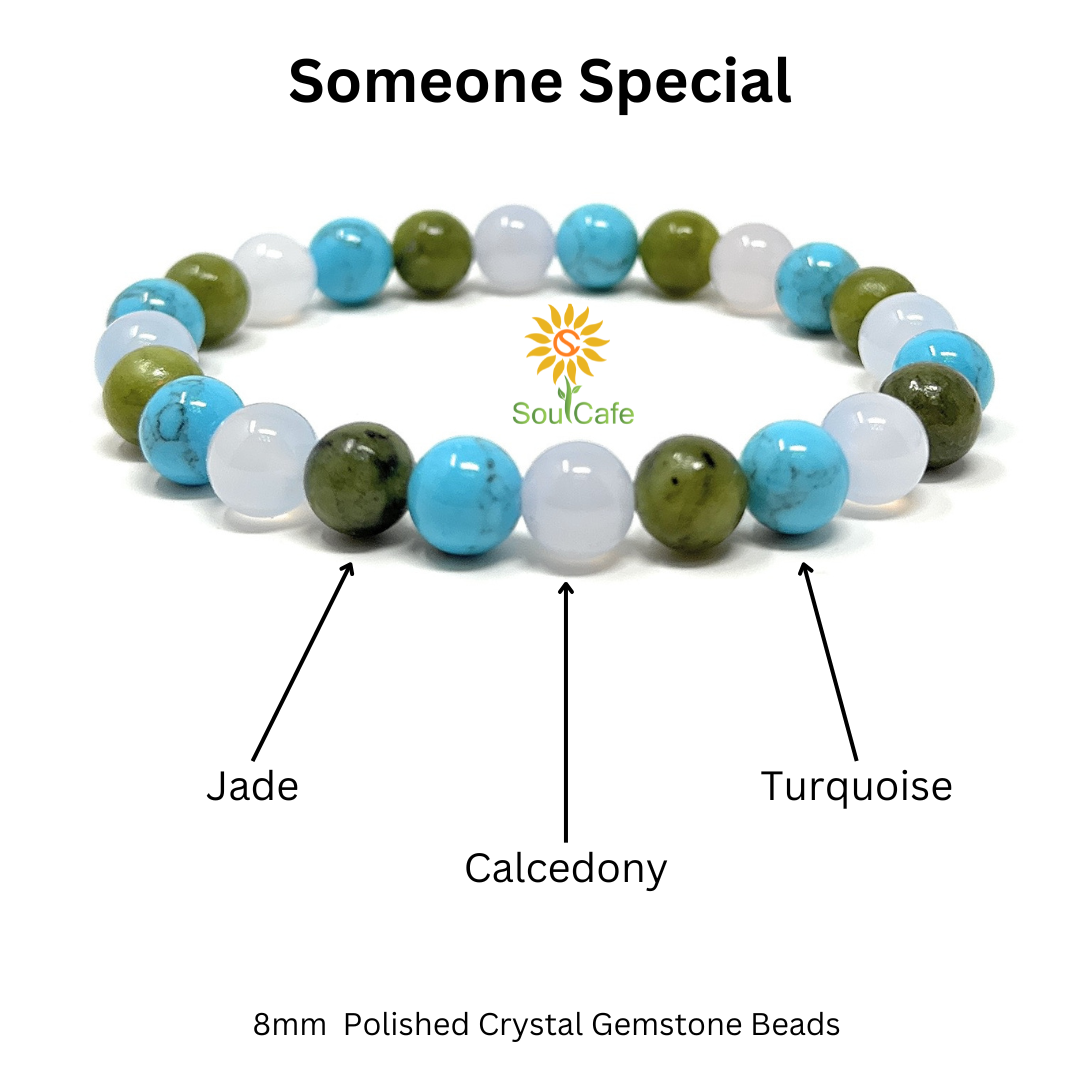 Gift for Someone Special Bracelet - Crystal Gemstone Stretch Bead Bracelet - Soul Cafe Gift Box & Tag - Jade, Turquoise, Chalcedony