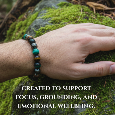 Men's Power Bead Bracelet - Malachite, Moss Agate, Hematite, Black Tourmaline, Tigers Eye - Soul Cafe Gift Box & Tag