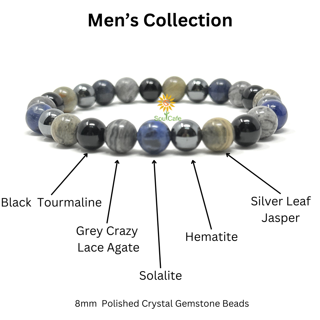 Men's Crystal Gemstone Bead Bracelet - Sodalite, Grey Crazy Lace Agate, Silver Leaf Jasper, Hematite, Tourmaline - Gift Box & Tag - S/M/L/XL