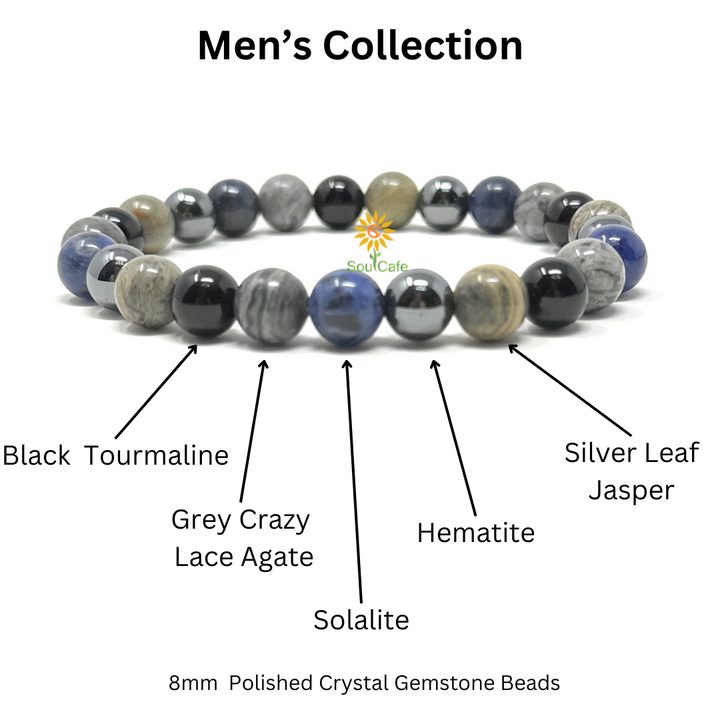 Men's Crystal Gemstone Bead Bracelet - Sodalite, Grey Crazy Lace Agate, Silver Leaf Jasper, Hematite, Tourmaline - Gift Box & Tag - S/M/L/XL