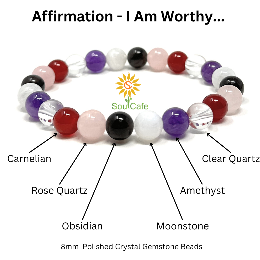 I Am Worthy - Affirmation Crystal Gemstone Bead Bracelet - Law of Attraction Crystals - SoulCafe Gift Box and Tag -  S/M/L/XL