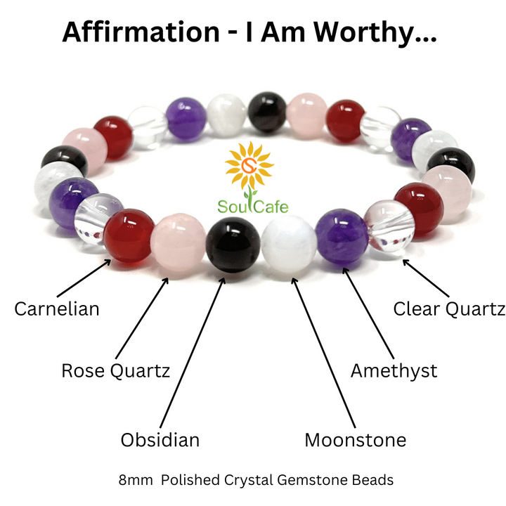 I Am Worthy - Affirmation Crystal Gemstone Bead Bracelet - Law of Attraction Crystals - SoulCafe Gift Box and Tag -  S/M/L/XL