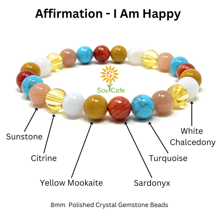 I Am Happy - Affirmation Crystal Gemstone Bead Bracelet - Law of Attraction Crystals - SoulCafe Gift Box and Tag -  S/M/L/XL