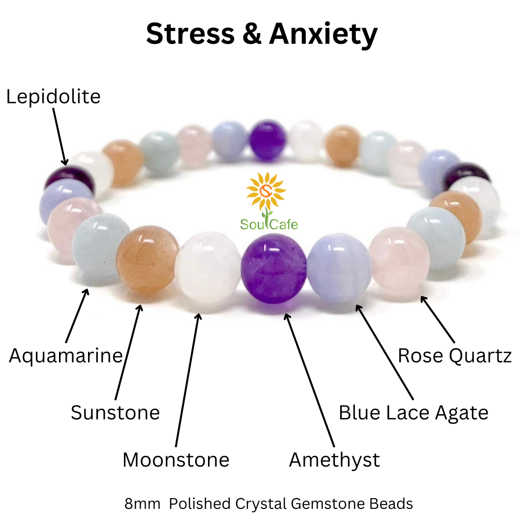 Stress and Anxiety Crystal Gemstone Stretch Bead Bracelet for Holistic Support - Soul Cafe Gift Box & Tag