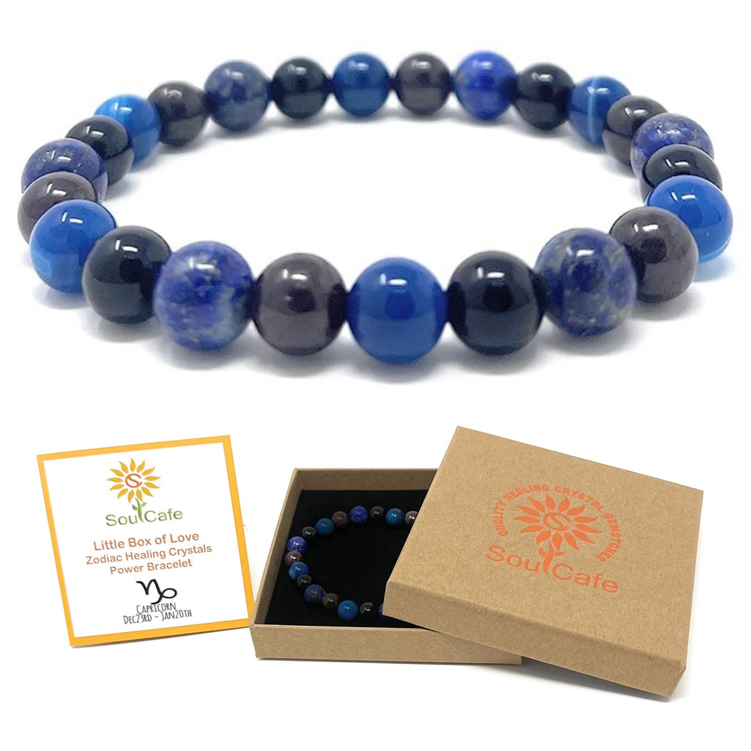 Capricorn Crystal Bracelet - Power Bracelet - Zodiac Birthstones - Gift Box & Capricorn Tag - Garnet, Blue Agate, Onyx, Lapis Lazuli