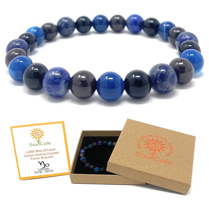 Capricorn Crystal Bracelet - Power Bracelet - Zodiac Birthstones - Gift Box & Capricorn Tag - Garnet, Blue Agate, Onyx, Lapis Lazuli