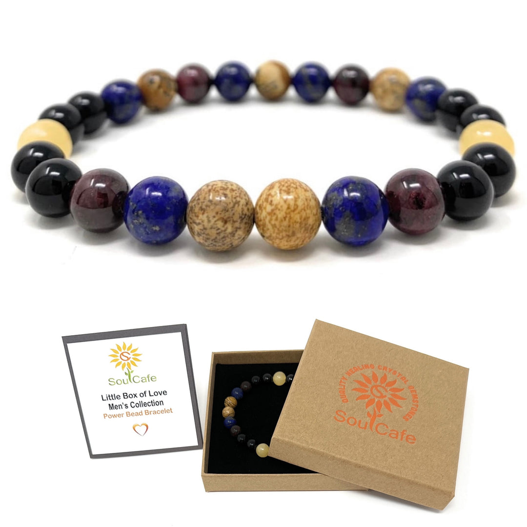 Men's Power Bead Bracelet - Lapis Lazuli, Garnet, Yellow Jade, Picture Jasper, Black Onyx- Soul Cafe Gift Box & Tag
